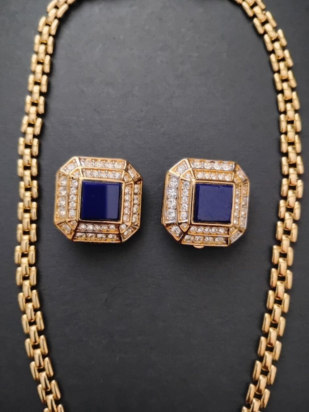 Vintage Nina Ricci D'Orlan 22k Gold Faux Lapis Swarovski Crystal Set Signed - Picture 4 of 10